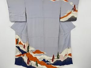 アンティーク　錦紗遠山に樹木模様一つ紋着物